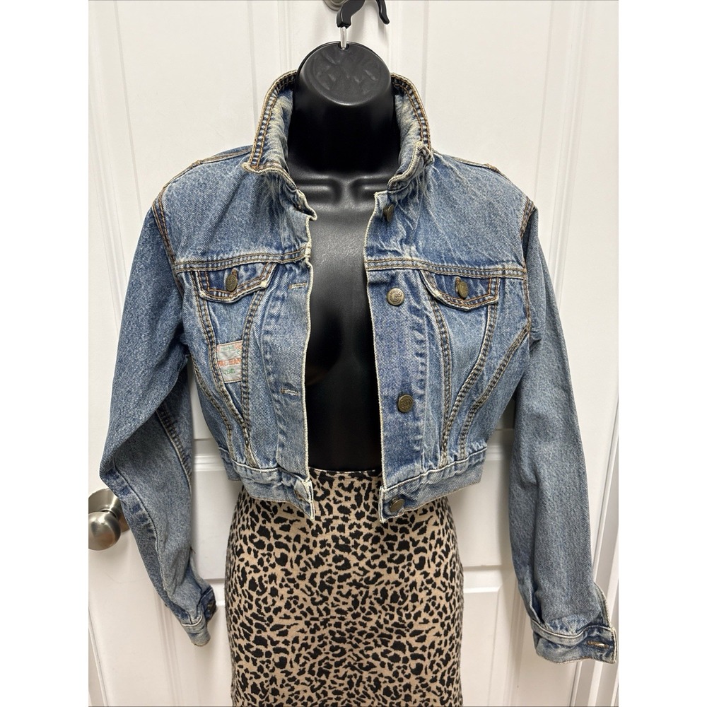 Vintage 80s Style Cropped Tapered Reworked Denim Jacket Pleated Sleeve -Small